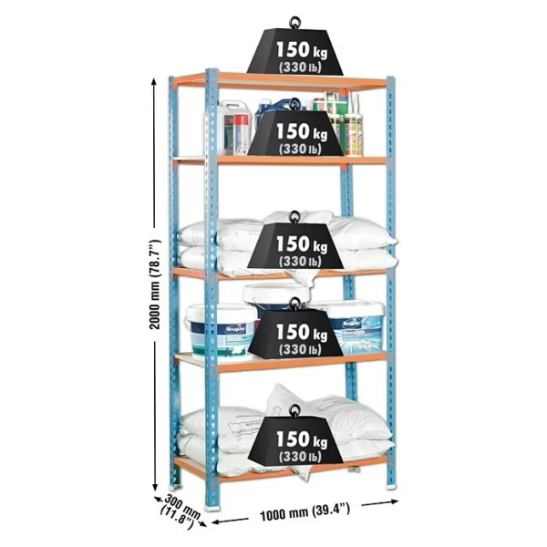 BAUHAUS Simonrack Maderclick Metallregal Plus L X B X H: 30 X 100 X 200 Cm, Traglast: 150 Kg/Boden, Anzahl Böden: 5, Stecken, Blau/Orange 3